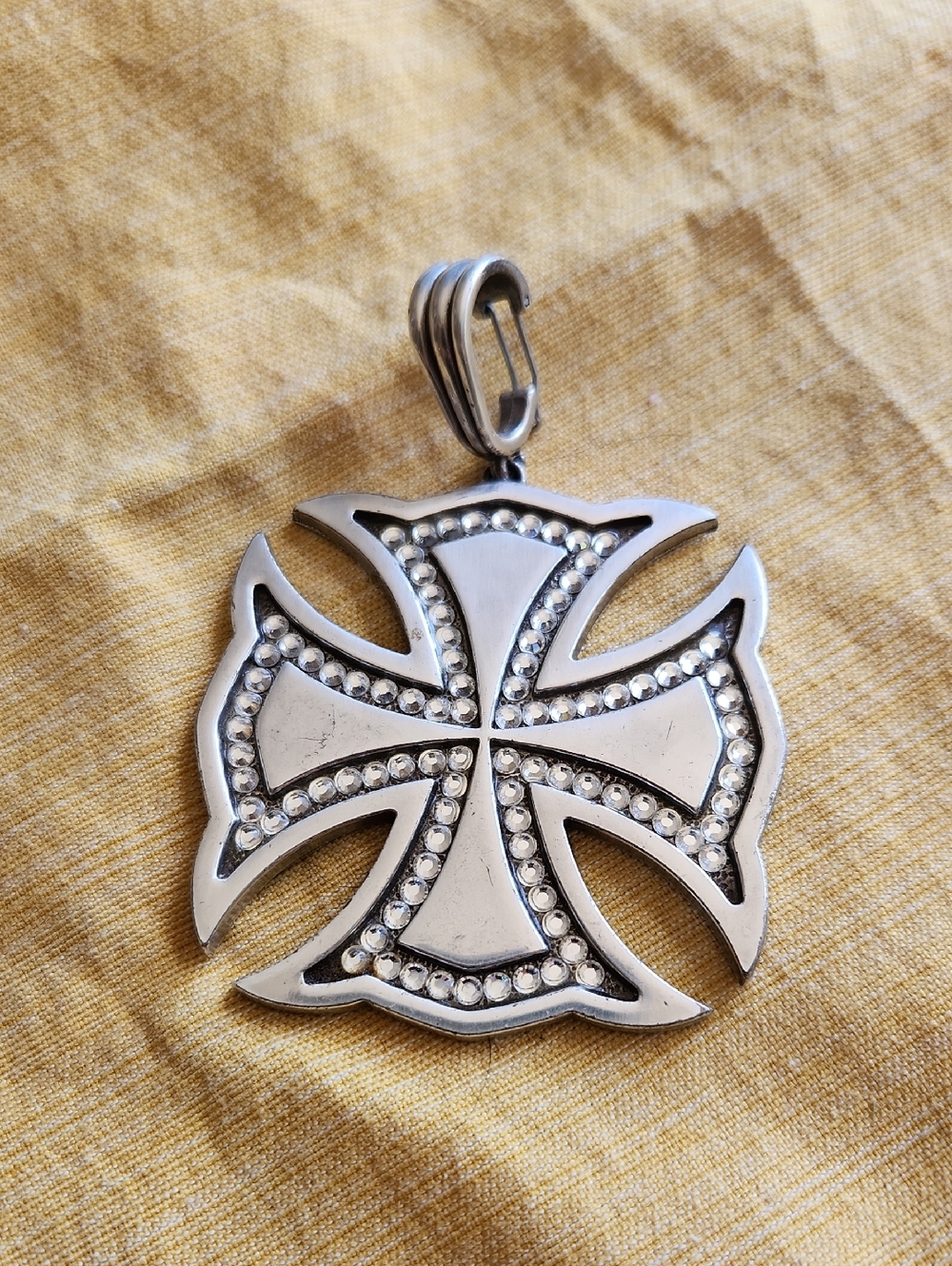 Large Silver Maltese Cross Pendant with Clear Crystals